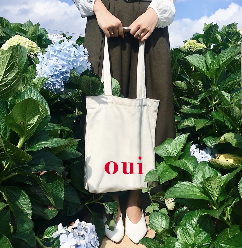 Canvas Tote Bag Oui French Quote Art Print Oui French Tote Bag French