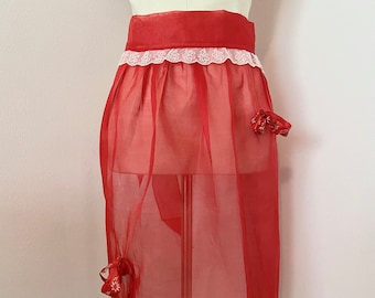 Vintage Red Organdy Christmas Apron, Embroidered Lace Trim