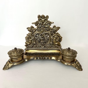Letter Holder Brass Ink Well Letter Rack Desk Organizer Vintage Brass Ornate Rococo Style Desk Caddy Hollywood Regency Decor Pencil Holder