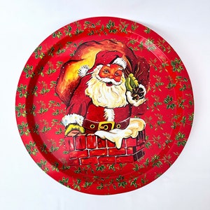 Christmas Tray Santa Claus Serving Tray Christmas Decor Retro Vintage Santa Bar Tray Metal Christmas Cookie Platter Holiday Serveware