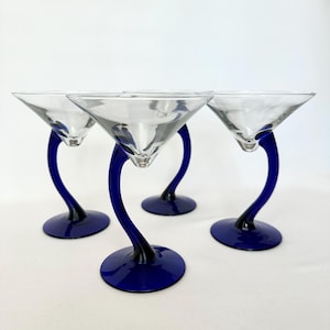 Martini Glasses Cocktail Glasses Curved Stemware Vintage Barware Blue Cocktail Glasses Set Barware Glasses Blue Glassware Holiday Drinkware