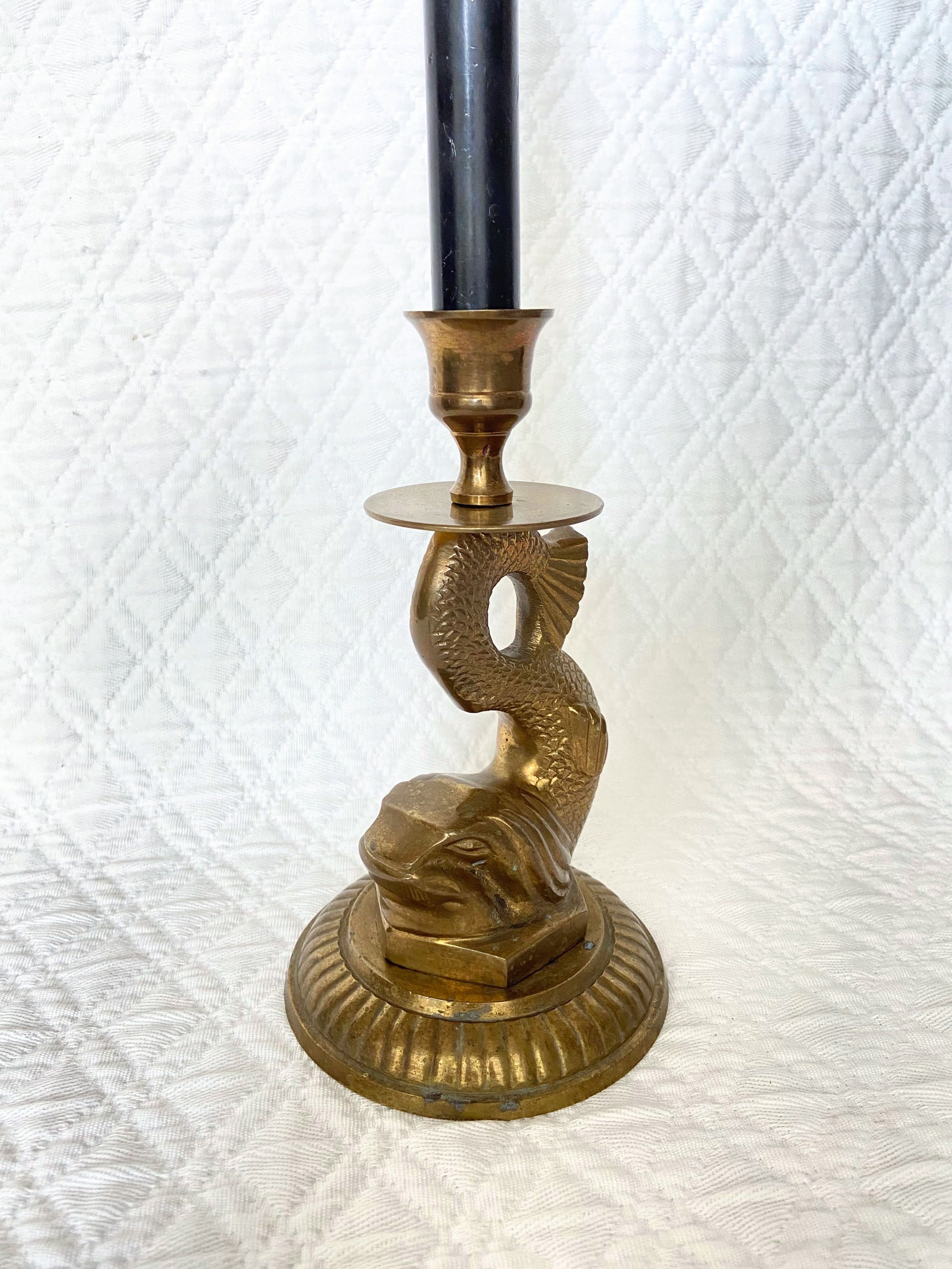 Brass Candlestick Holder Koi Fish Dolphin Asian Style Brass Candlestick  Gold Taper Holder Grandmillennial Decor Chinoiserie Style Tablescape