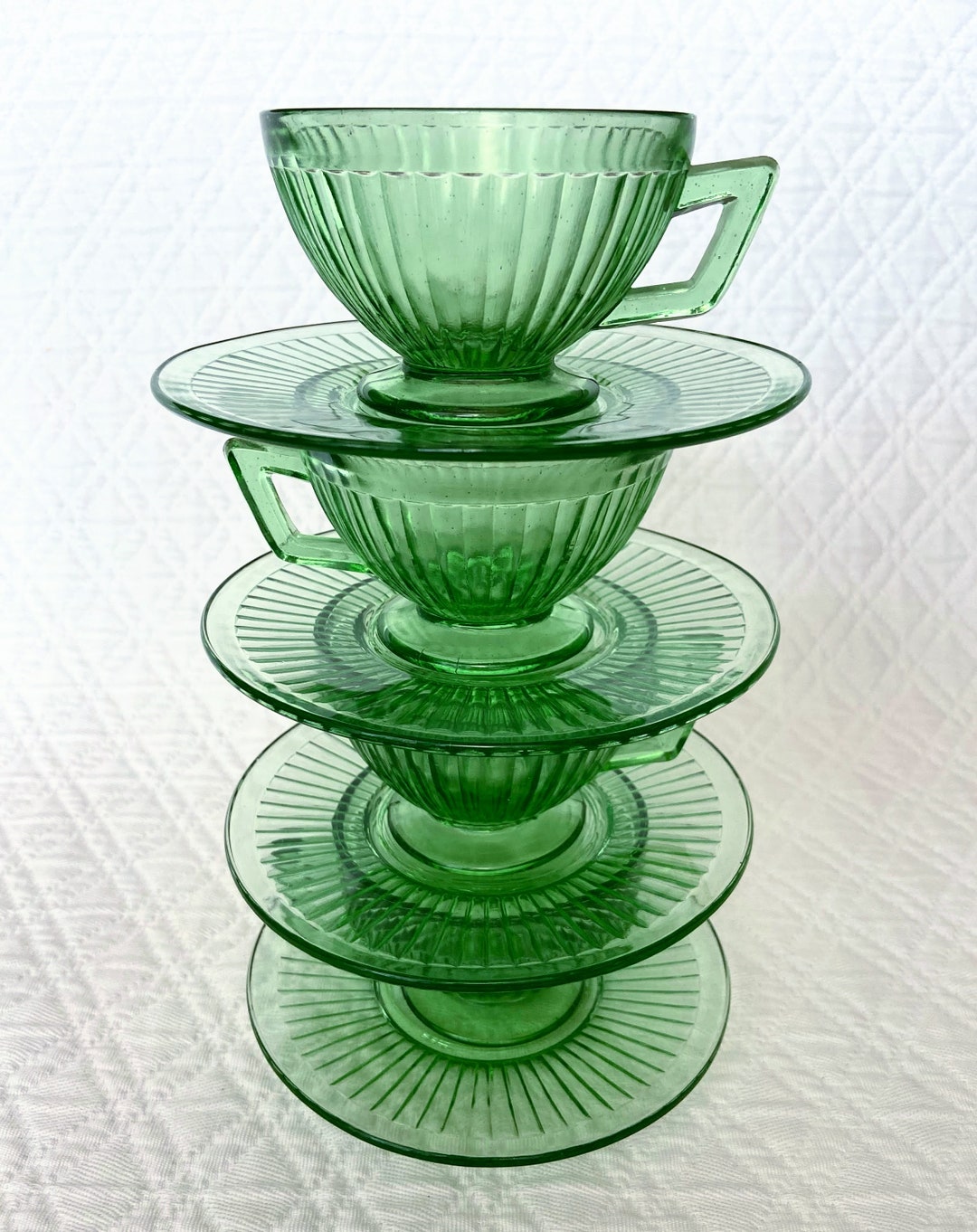 Glass Tea Cup Saucer Green Uranium Glass Tea Cups Coffee Cups Etsy