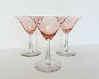 Cocktail Glasses Pink Martini Glasses Pink Swirl Optic Coupes Depression Glass Stemware Barware Pink Clear Stem Glassware Antique Drinkware