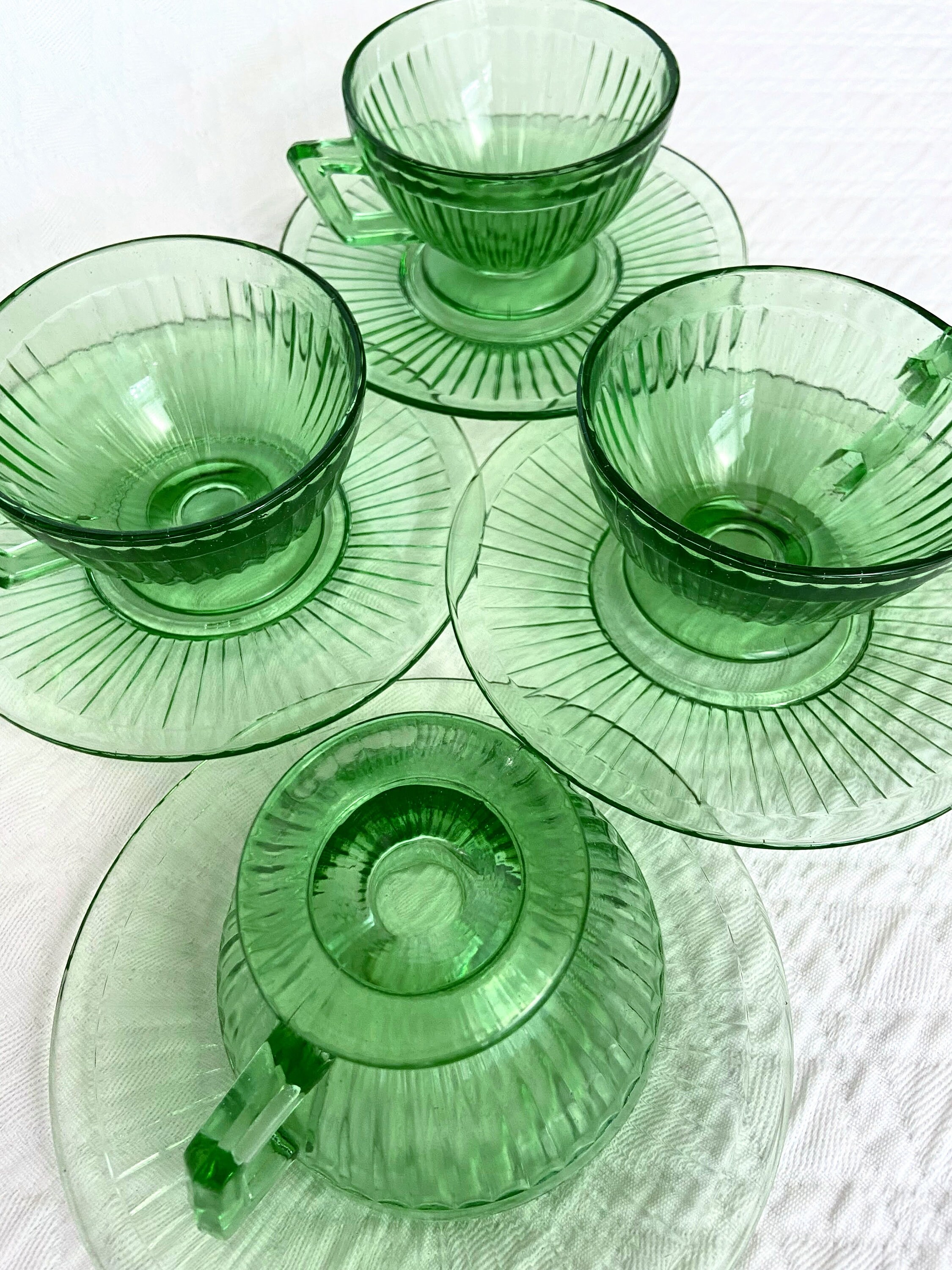 Glass Tea Cup Saucer Green Uranium Glass Tea Cups Coffee Cups Etsy