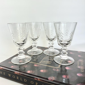 Vintage Etched Crystal Cordial Glasses: Cross Hatch Ball Stem, Set of 4, Cocktail Glassware