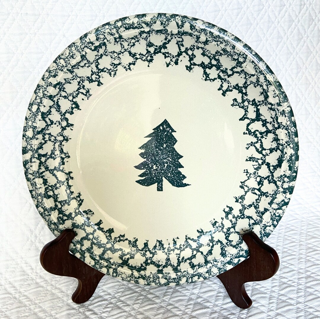Christmas Tree Serving Platter Spongeware Green Stoneware Holiday Table