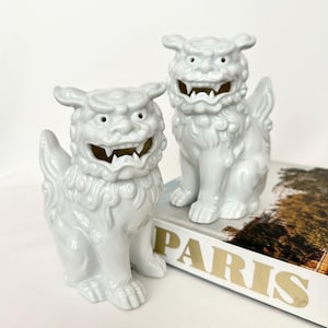Foo Dogs White Porcelain Foo Dog Figurines Statues Sculptures Chinoiserie Decor Lion Dogs Japanese History Shelf Decor Shishi Lion Asian