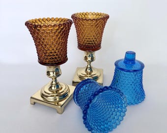 Brass Candlesticks, Votive Cup and Candlestick Set, Brass and Amber Glass Candleholders, Blue Hobnail Peg Votive, Vintage Brass Taperholders