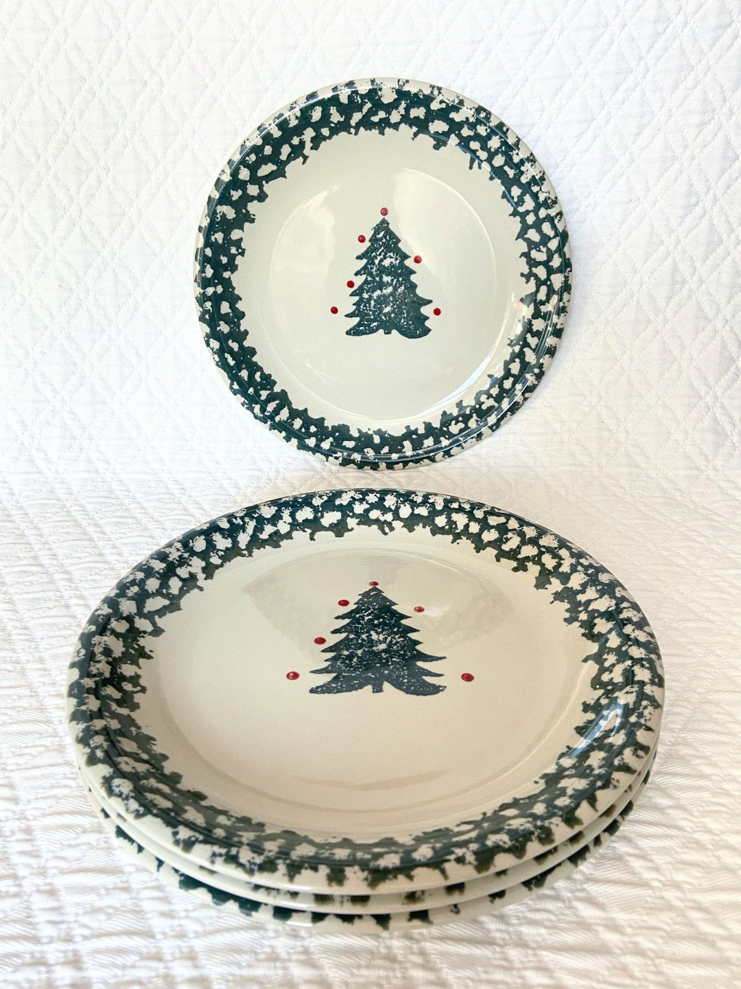 Christmas Tree Dinner Plate Set Green Spongeware Winter Etsy