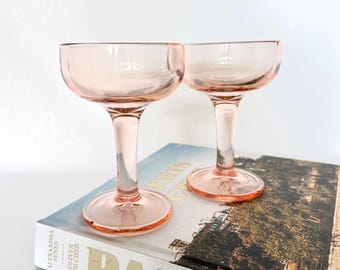 Pink Champagne Coupe Glasses - Vintage Pressed Glass Cocktail Stemware Set, Antique Blush Glassware