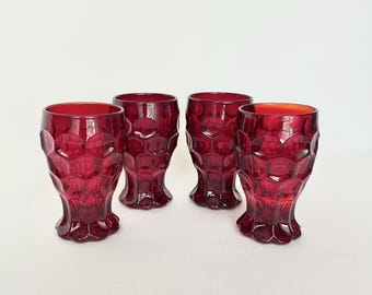 Vintage Ruby Red Juice Glasses, Honeycomb Tumblers, Small Glasses, Deep Red Drinkware