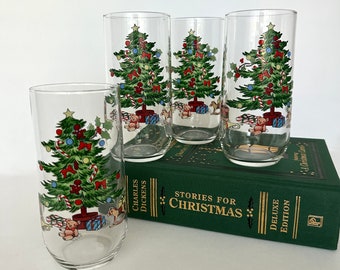 Christmas Glassware Christmas Tree Tumblers Vintage Holiday Drinkware Highballs Christmas Barware Iced Tea Christmas Tree Tableware