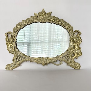 Gold Mirror Ornate Vanity Dresser Mirror Cherub Angel Decor Hollywood Regency Tabletop Mirror Vintage Mirror Vanity Decor Bathroom Decor