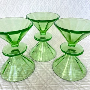 Dessert Cups Sherbet Dishes Footed Bowls Uranium Green Vaseline Glass Vintage Glassware Depression Glass Spring Tablescape St. Patricks Day