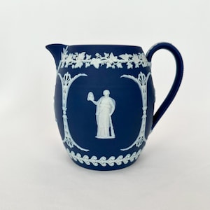 Antique Wedgwood Jasperware Pitcher: Blue Stoneware Large Creamer, Navy and White Jug, Vase