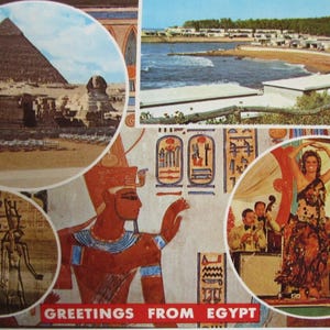 Salutations d'Egypte. Carte postale importée/vintage. Texte en arabe et en anglais au dos.