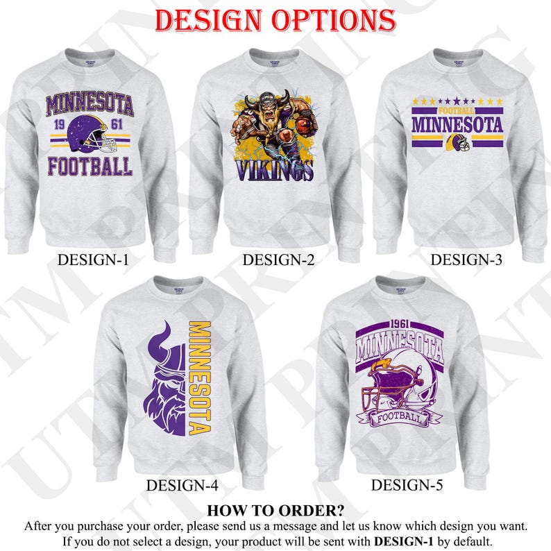 May include: Five different design options for a grey sweatshirt featuring the Minnesota Vikings logo. The designs include a football helmet, a Viking warrior, and the team's name and mascot.