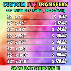 May include: A price chart for custom DTF transfers on 22-inch wide rolls. The chart lists prices for different lengths of transfer material, from 1 inch to 240 inches. The price per inch is $0.30.  The chart is on a colorful background with a rainbow gradient.