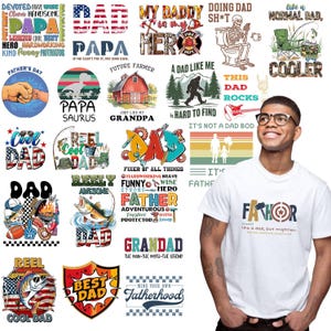 May include: A collection of graphic designs with text related to Father's Day. Designs include the word "DAD" in various styles, fishing themes, and phrases like "Cool Dad" and "Best Dad". A man wearing a white t-shirt with the word "Fathor" is also in the image.