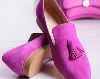 Zarina - Fuchsia women's loafers, Real leather loafers, flat shoes, stylish shoes,