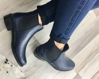 Vivian - Navy Blue women's ankle boots, Real leather boots, Chelsea ankle boots, stylish shoes, warm boots