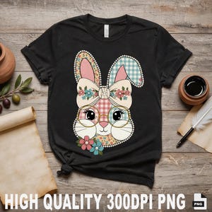Peut inclure: T-shirt noir avec un motif de visage de lapin coloré avec des lunettes, un nœud et des motifs floraux. Le lapin présente des motifs roses, bleus et jaunes. Le texte "HIGH QUALITY 300DPI PNG" est en bas de l'image.