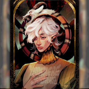 May include: An artistic illustration of a person with white hair and pointed ears, wearing a gold-colored top. A white dragon-like creature and a red and brown snake-like design are behind the person. The artwork has a dark background and a gold border.