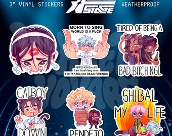 May include: A collection of 3-inch vinyl stickers with various anime-style illustrations. The stickers feature colorful characters with bold text, including phrases like "Born to Sing World is a Fuck" and "Bad Bitch NGL". The stickers are weatherproof.