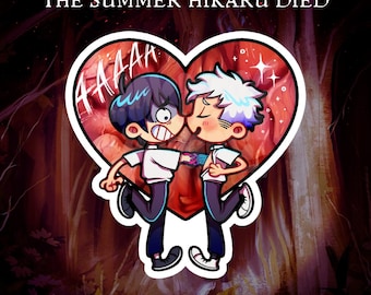 May include: A 3-inch vinyl sticker featuring two cartoon characters kissing inside a heart-shaped design. The sticker has the text "THE SUMMER HIKARU DIED" at the top and "AAAAA" inside the heart. The sticker is also described as weatherproof.