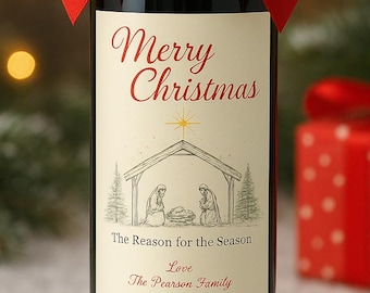 Custom Nativity Scene Wine Bottle Label, Christmas Hostess Gift, Printable Xmas Wine Tag, Manger Scene Digital Download