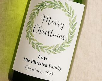 Custom Christmas Wreath Wine Bottle Label, Personalized Christmas Hostess Gift, Printable Christmas Wine Gift, Holiday Party Hosting