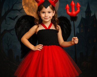 Kids Devil Costume: Hi-low Tutu Dress With Wings Horns