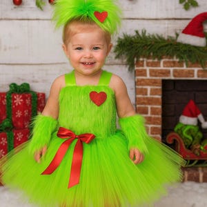Grinch Tutu Dress Set: Girls Christmas Costume With Furry Leg