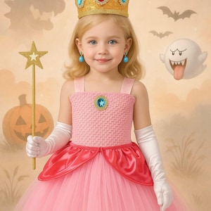 Princess Peach Tutu Dress with Crown, Wand, Gloves & Earrings – Kids Cosplay Costume Birthday Outfit