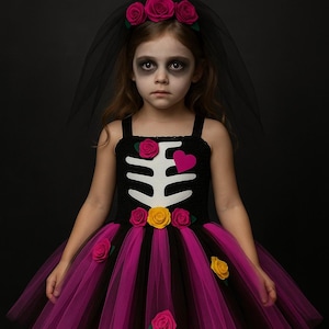Zombie Bride Tutu Dress: Halloween Skeleton Costume with Floral Veil