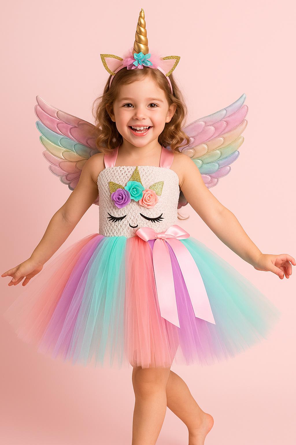 Rainbow Unicorn Tutu Dress With Wings Headband – Girls Magical