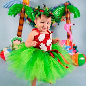 Lilo Inspired Baby Toddler Girls Tutu Dress with Leaf Headband – Hawaiian Luau Outfit