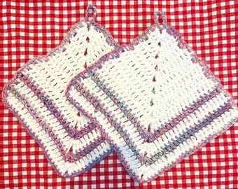 Crocheted Cotton Pot Holders: Farmhouse Kitchen Decor, Set Of 2
