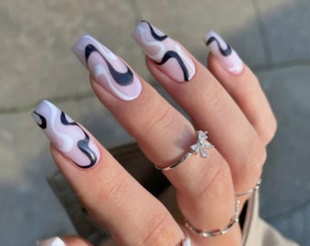 Pink White Black Swirl Long Coffin Press Ons