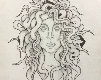 May include: A black and white pencil drawing of Medusa, a mythical Greek figure with snakes for hair. The drawing is in a realistic style and shows Medusa's face and neck, with the snakes coiled around her head. The drawing is signed "REID H."