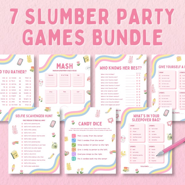 Slumber Party Games Bundle, Teen/Preteen Sleepover Games, Birthday Party Games Bundle, Cute Girls Birthday Games, Pink Tween Birthday Party