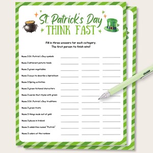 St Patrick&#39;s Day Think Fast Game, Printable St Patricks Day Party Game, St Patricks Day Family Game, St Patricks Day Activity for Kids