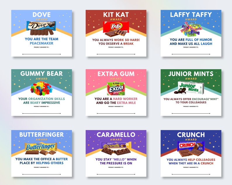 30 Employee Candy Bar Award Certificates Candy Bar Awards for Etsy