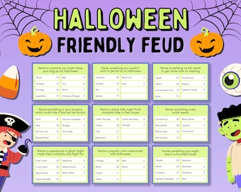 May include: A Halloween-themed game board with a purple background and a spiderweb pattern. The board is divided into nine squares, each with a different question related to Halloween. The questions are written in white text on a green background. The board is decorated with images of pumpkins, bats, and ghosts.