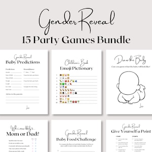 Juegos de revelación de género, juegos minimalistas para bebés, juegos de baby shower, búsqueda del tesoro de revelación de género, disputa familiar de revelación de género, juego de fiesta imprimible