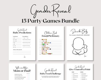 Könsavslöjandespel, Minimalistiska babyspel, Babyshower-spel, Skattjakt för könsavslöjande, Familjefejd för könsavslöjande, Utskrivbart partyspel