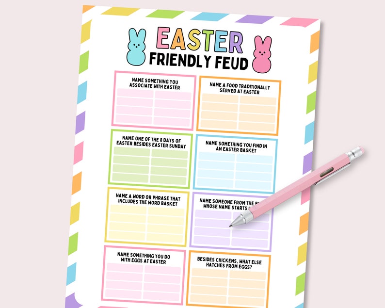 Puede incluir: Un tablero de juego imprimible con tem&aacute;tica de Pascua con el t&iacute;tulo "Easter Friendly Feud". El tablero tiene 8 casillas con preguntas relacionadas con la Pascua. Cada casilla tiene un fondo rosa, amarillo, verde o azul.