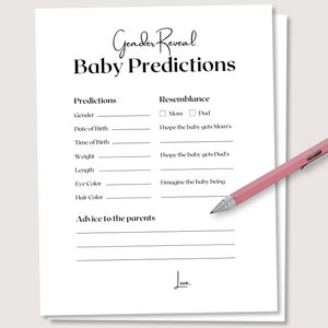 Sexe révèlent les prédictions de bébé, jeux de révélation de sexe, jeux de douche de bébé, devinette de sexe, jeux de bébé minimalistes, carte de prédiction, jeu imprimable