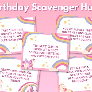Unicorn Birthday Scavenger Hunt, Party Treasure Hunt for Kids, Girls Scavenger Hunt Unicorn Birthday, Indoor Printable Party Game Hunt Clues